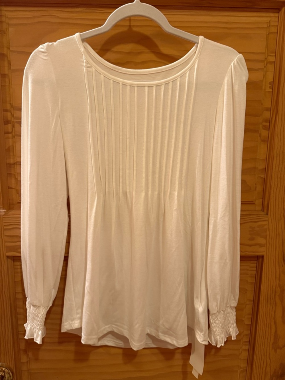 White Pleated Front Long-Sleeve Blouse